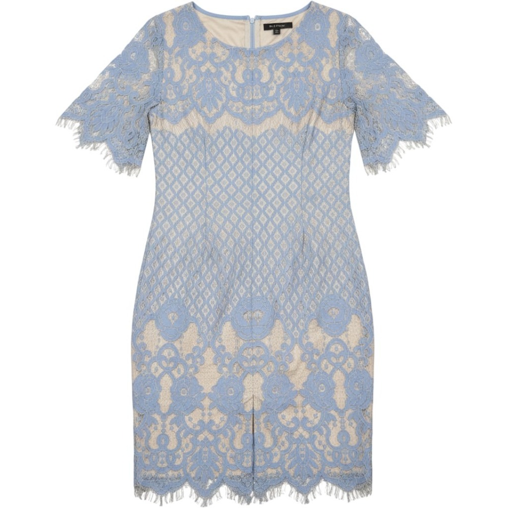 Adrianna Papell Sheath Dress Women 6 Blue Lace Short Sleeve Eyelash Hem Romantic